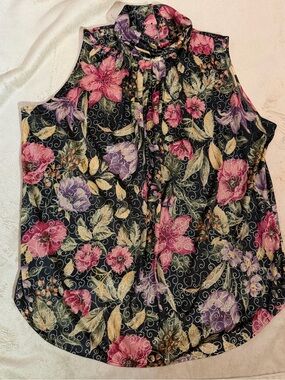 Vintage Gloria Lance Women’s Sleeveless Floral Blouse Mock Neck Romantic Medium‎